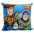 Almofada quadrada azul de Toy Story com Woody e Buzz Lightyear e o logo do filme