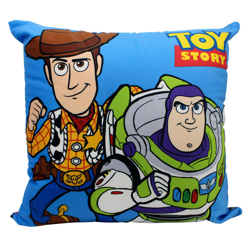 Almofada quadrada azul de Toy Story com Woody e Buzz Lightyear e o logo do filme