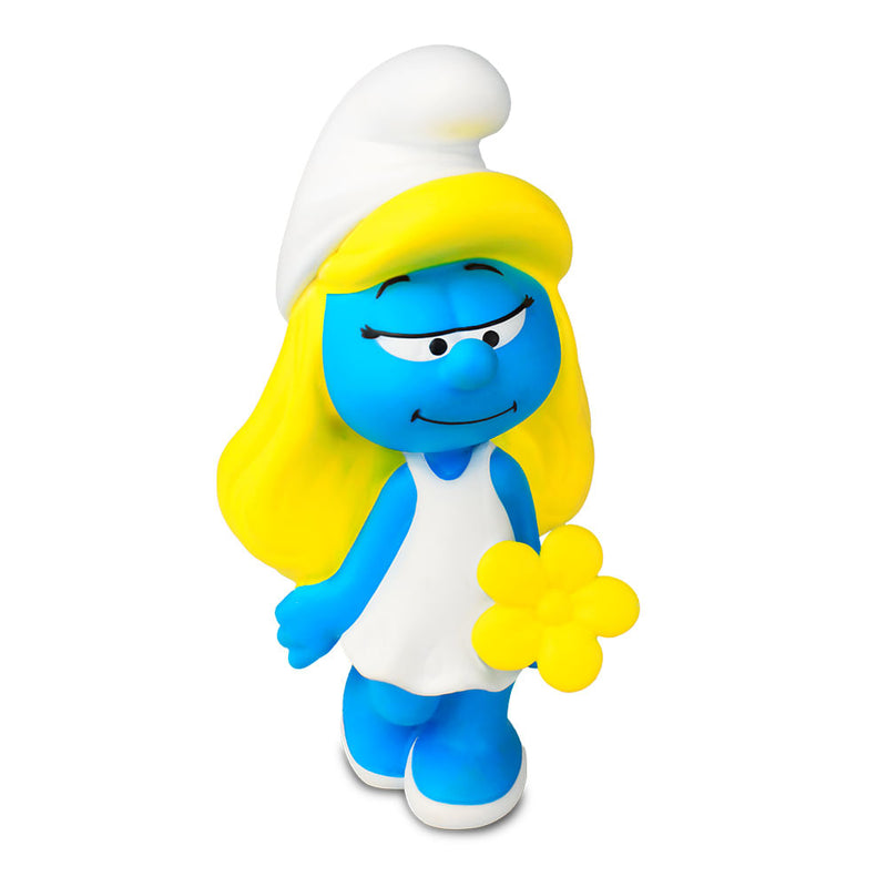 Boneco de vinil da Smurfette com vestido branco e cabelos loiros