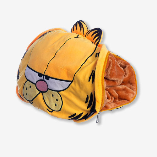 Almofada do Garfield com zíper aberto revelando a manta