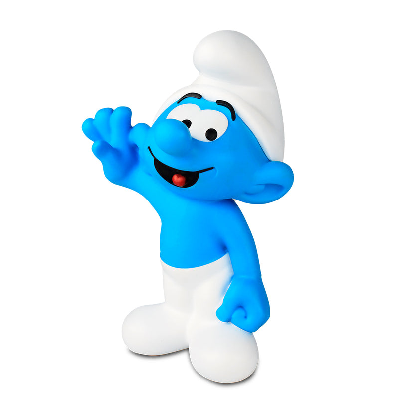 Boneco de vinil do Smurf azul com gorro branco, vista frontal