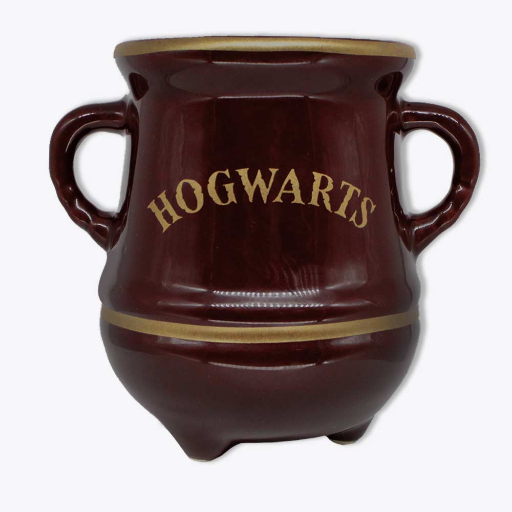 Caneca caldeirão Hogwarts vinho com nome Hogwarts em dourado