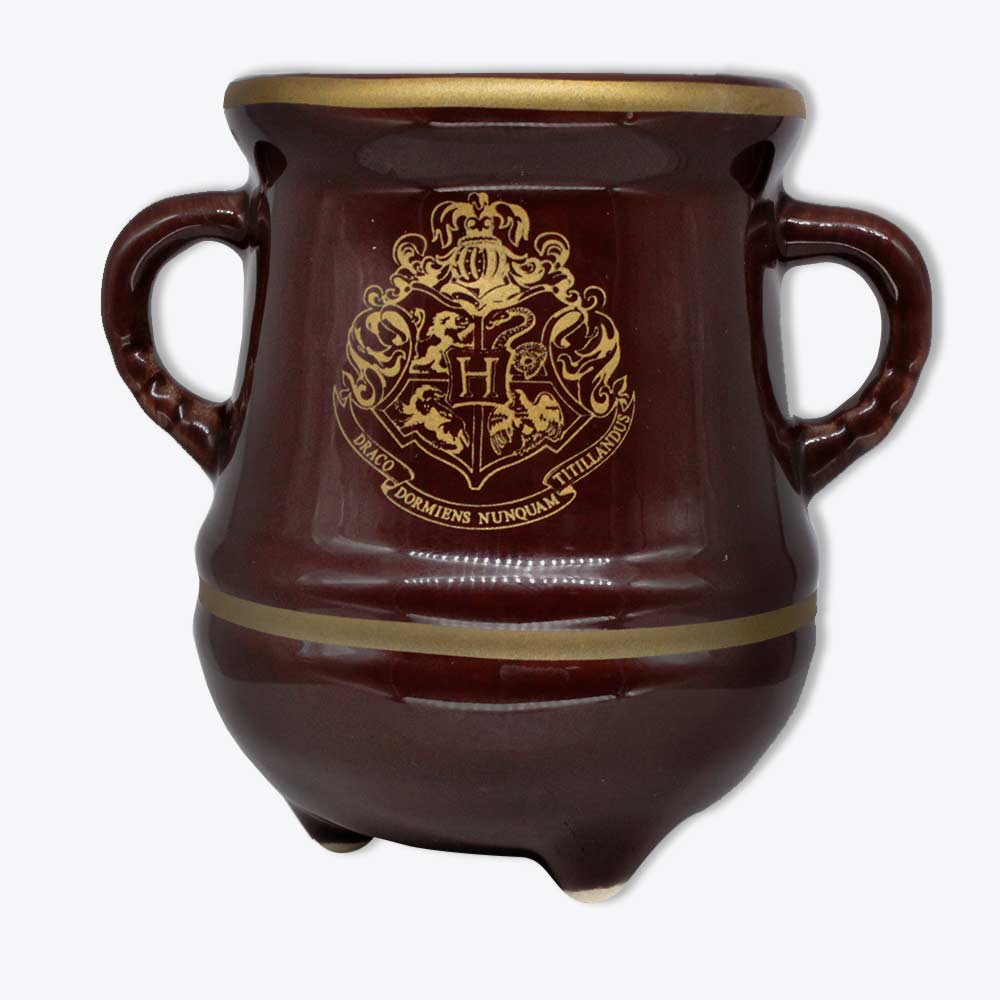 Caneca caldeirão Hogwarts dourada, vista lateral