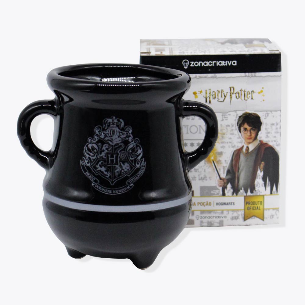Caneca caldeirão Hogwarts ao lado da embalagem