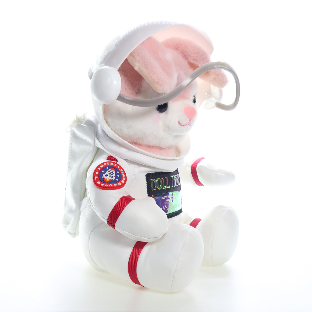 Coelho astronauta de perfil, com o capacete aberto e a mochila espacial