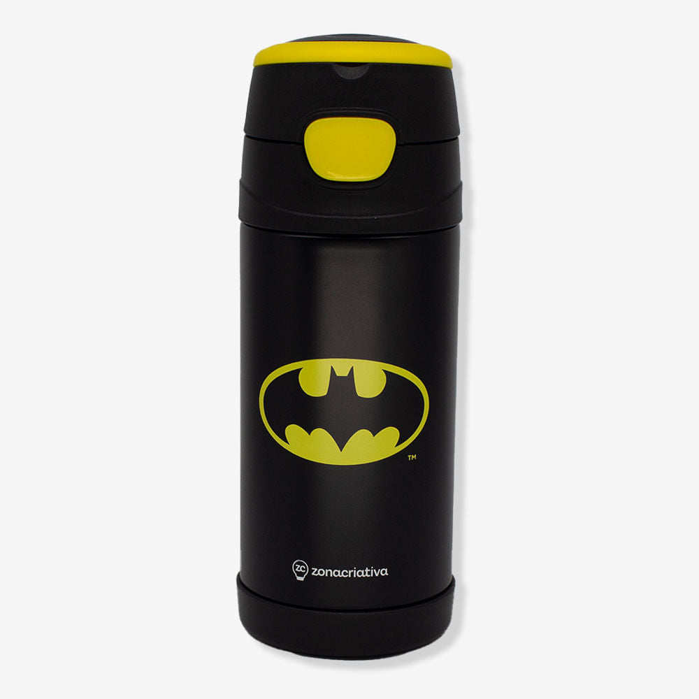 Garrafa térmica Batman preta com símbolo amarelo, frente