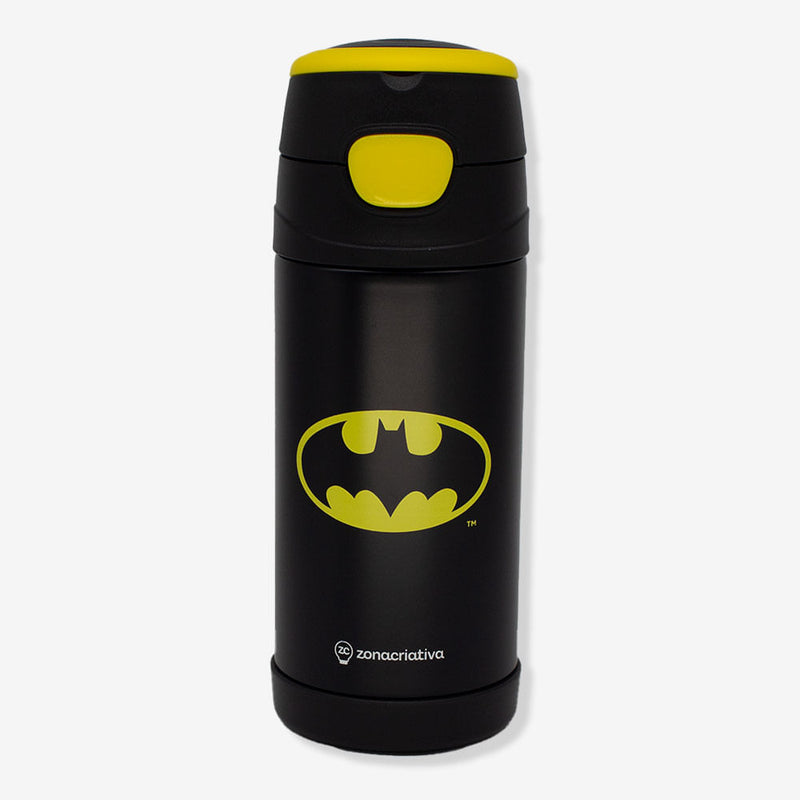 Garrafa térmica Batman preta com símbolo amarelo, frente