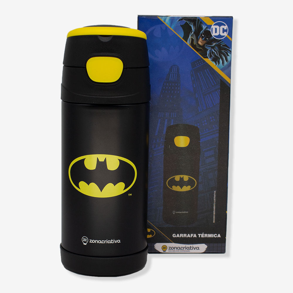 Garrafa térmica Batman ao lado da embalagem