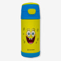 Garrafa térmica Bob Esponja amarela com tampa azul, frente