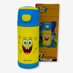 Garrafa térmica Bob Esponja ao lado da embalagem