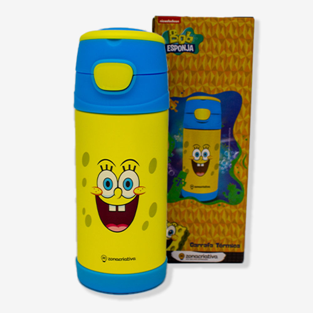 Garrafa térmica Bob Esponja ao lado da embalagem