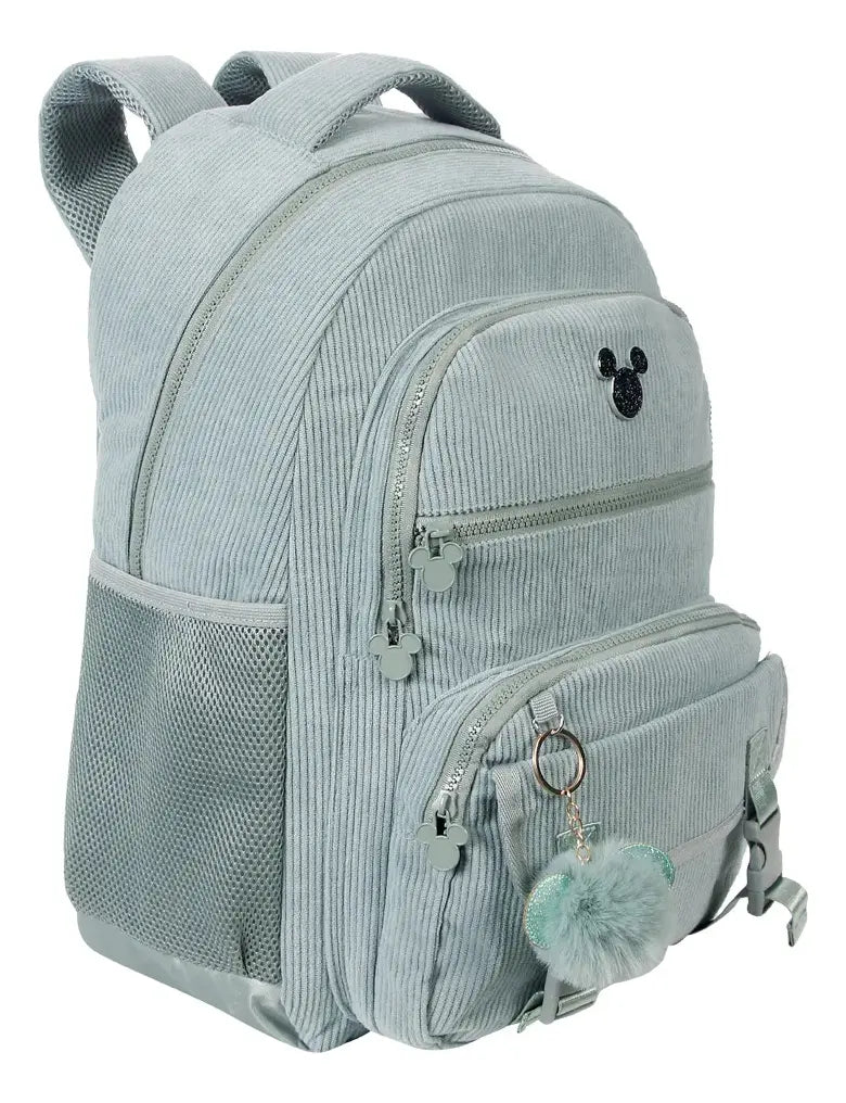 Mochila escolar Mickey Teen em veludo cotelê verde, vista frontal