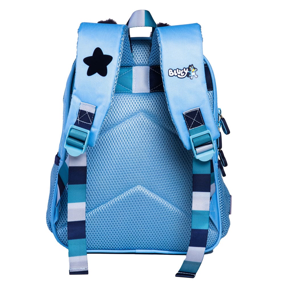 Mochila Bluey aberta mostrando os compartimentos e o forro estampado