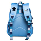 Mochila Bluey aberta mostrando os compartimentos e o forro estampado