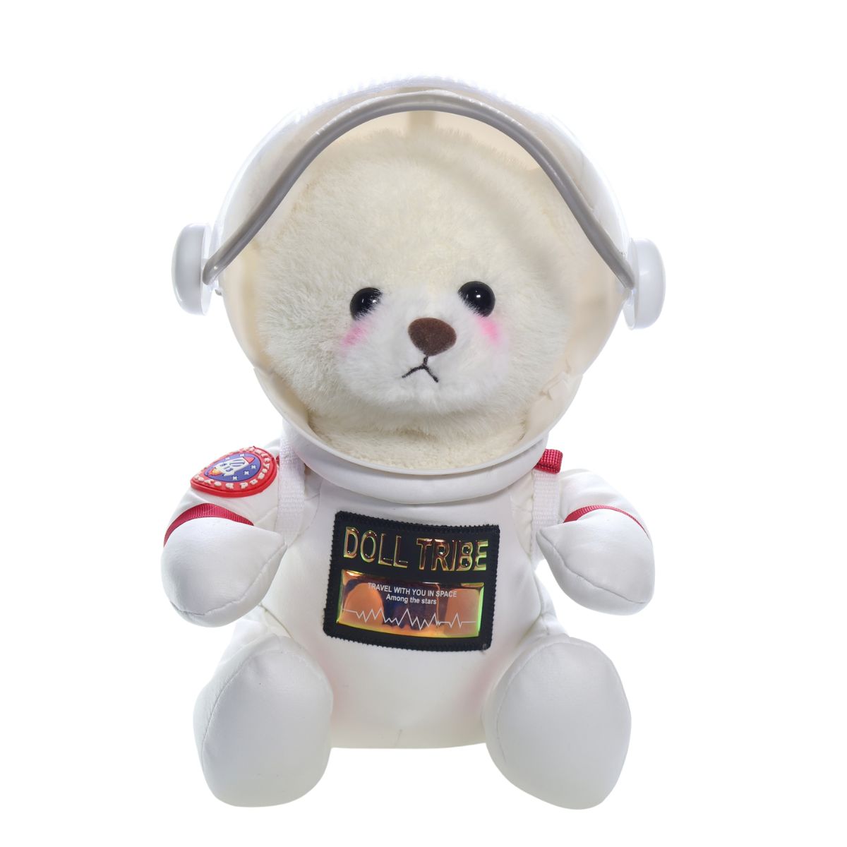 Urso astronauta branco de frente, com o visor levantado