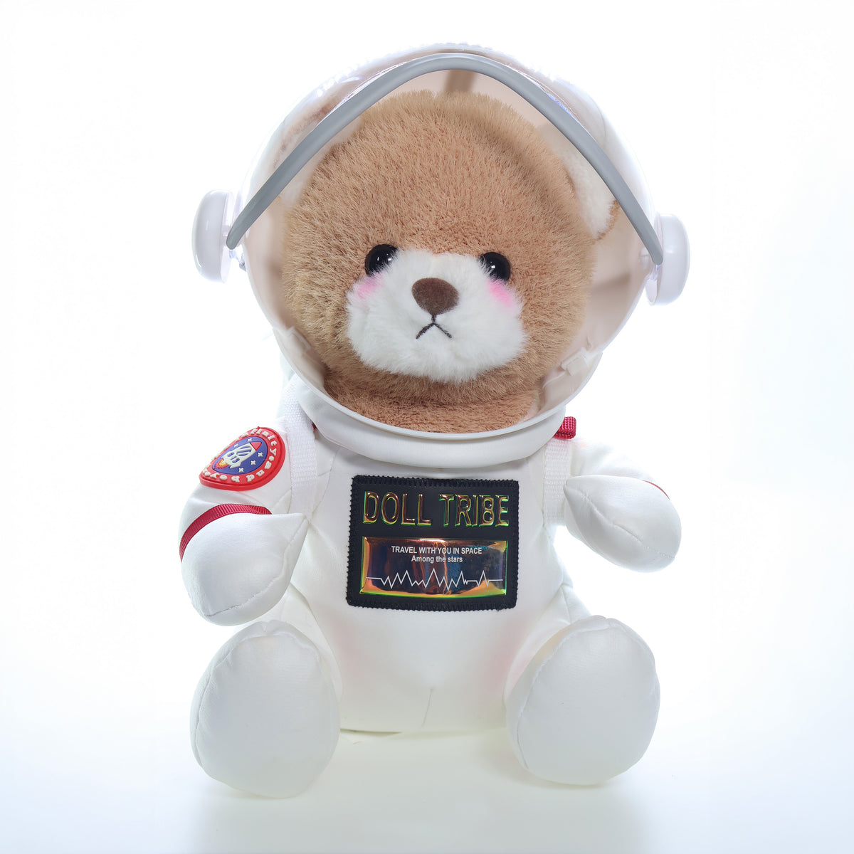 Urso astronauta marrom na embalagem, vista em ângulo