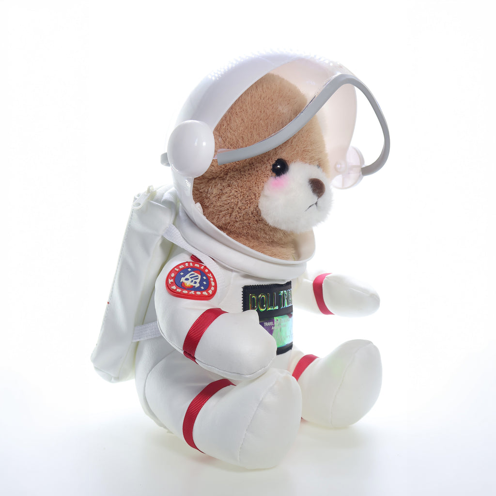 Detalhe do traje e do capacete do urso astronauta marrom