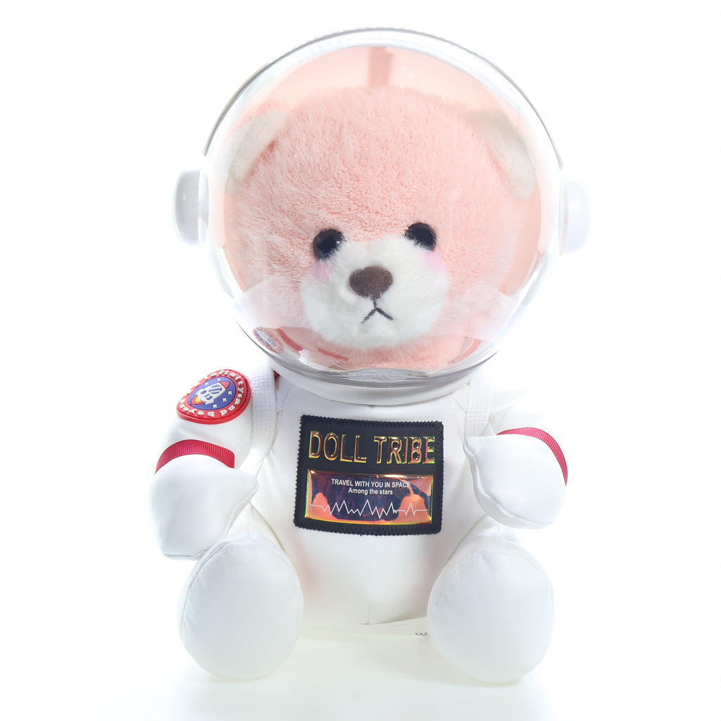 Urso astronauta rosa na embalagem, vista em ângulo
