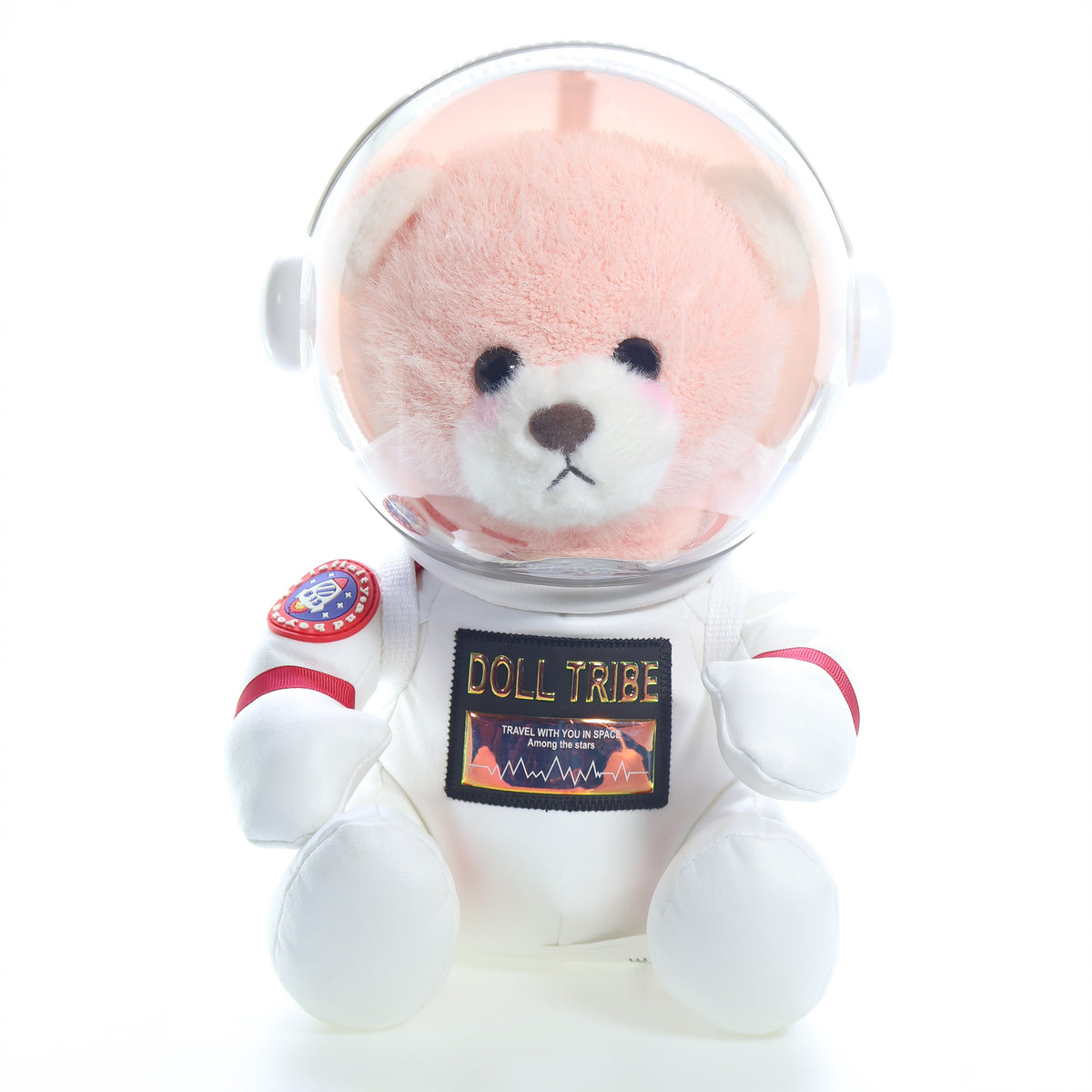 Urso astronauta rosa na embalagem, vista em ângulo