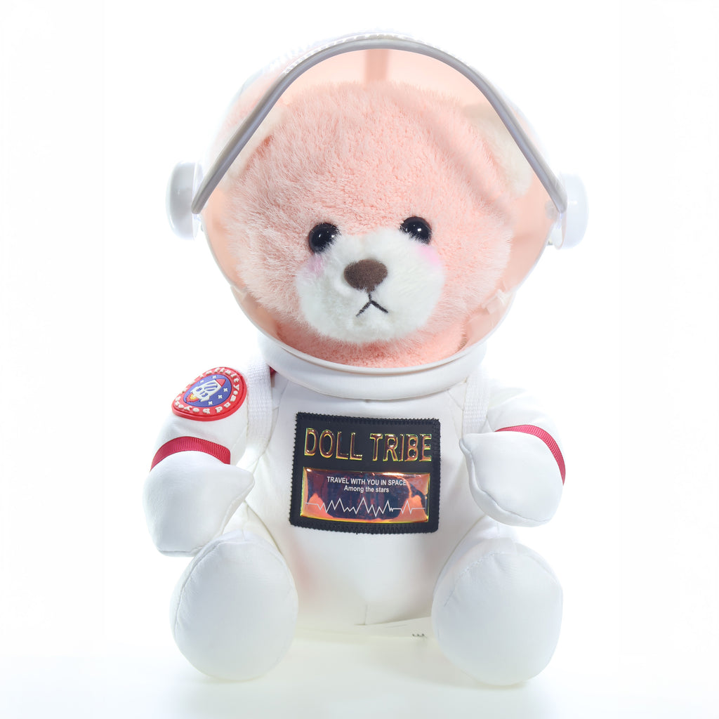 Urso astronauta rosa fora da caixa, sentado de frente