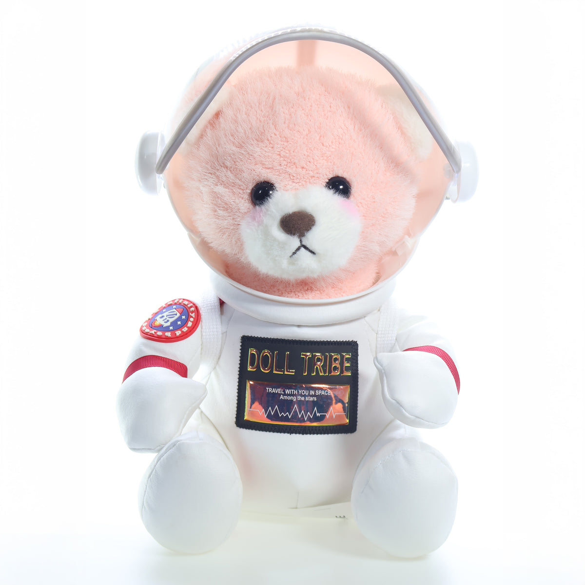 Urso astronauta rosa fora da caixa, sentado de frente