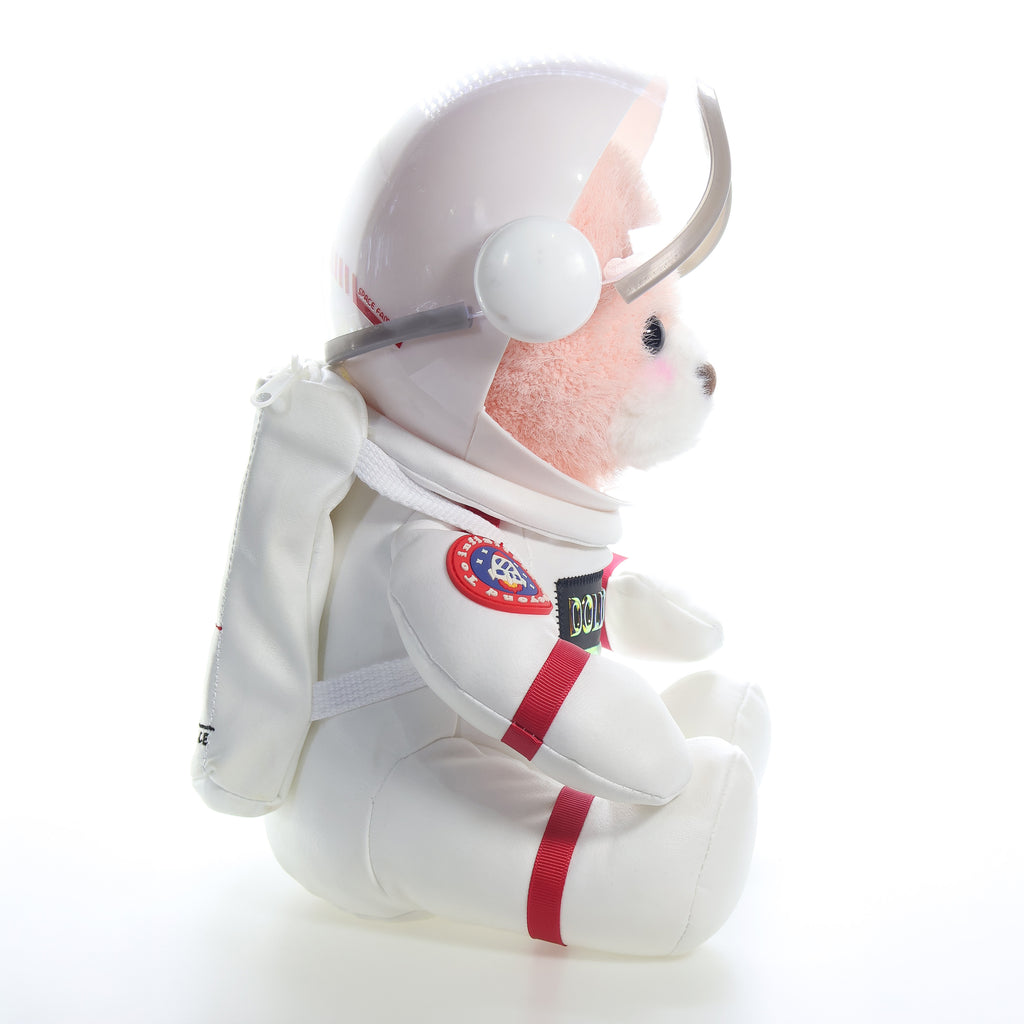 Detalhe do capacete e do emblema de foguete do urso astronauta rosa