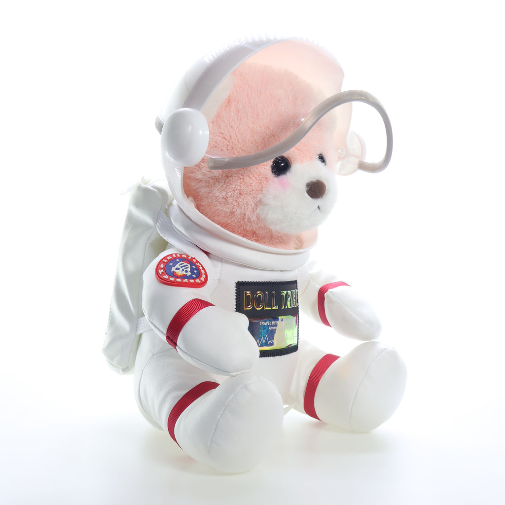 Urso astronauta rosa sentado, vista lateral com a mochila espacial